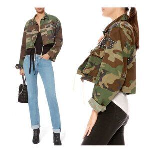ROYAL WORKSHOP Janet cropped camo jacket sz S red crystal studded